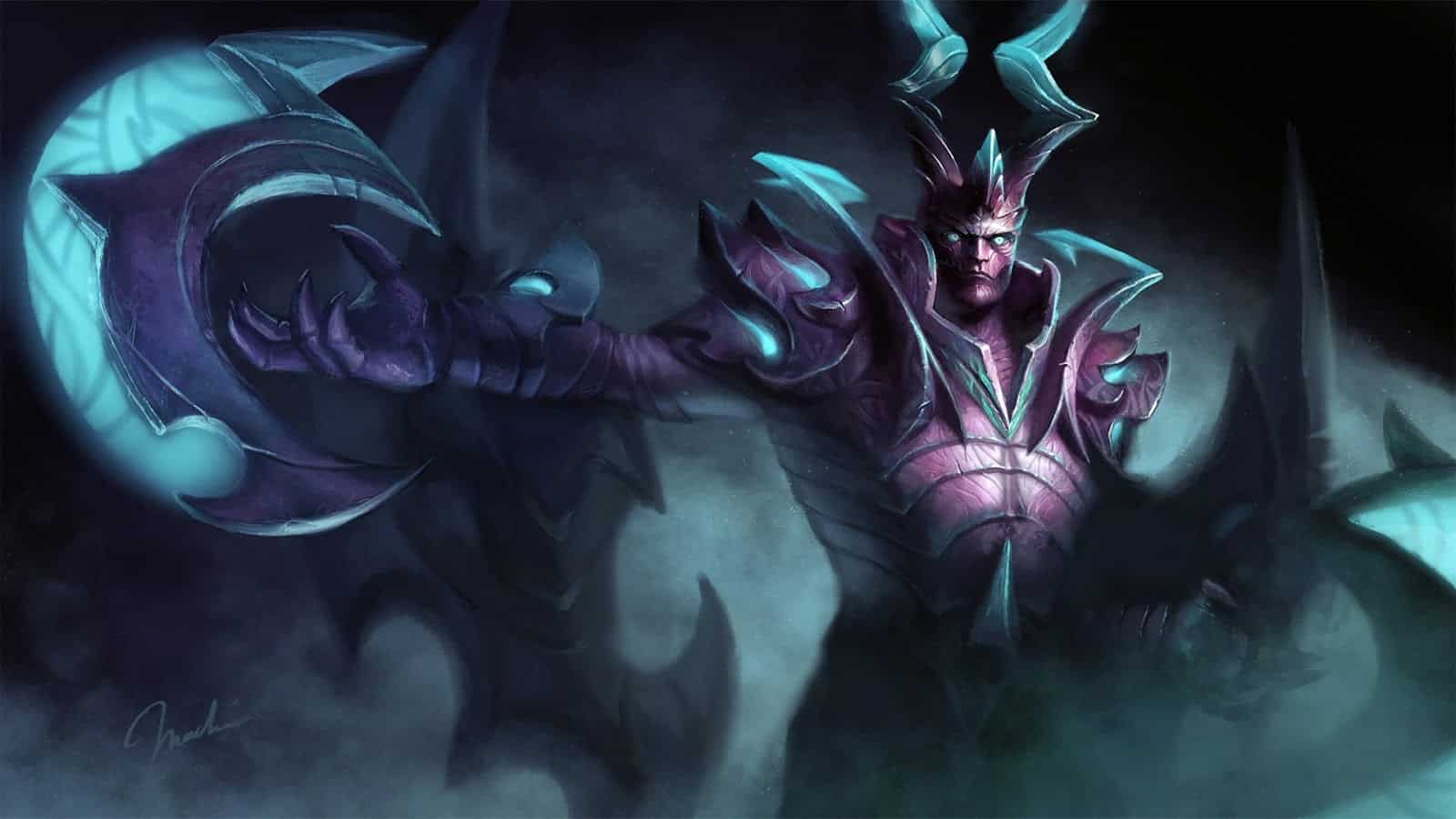 The hero, Terrorblade, a great horned demon in plate armor, in the Baleful Hollow set splash art
