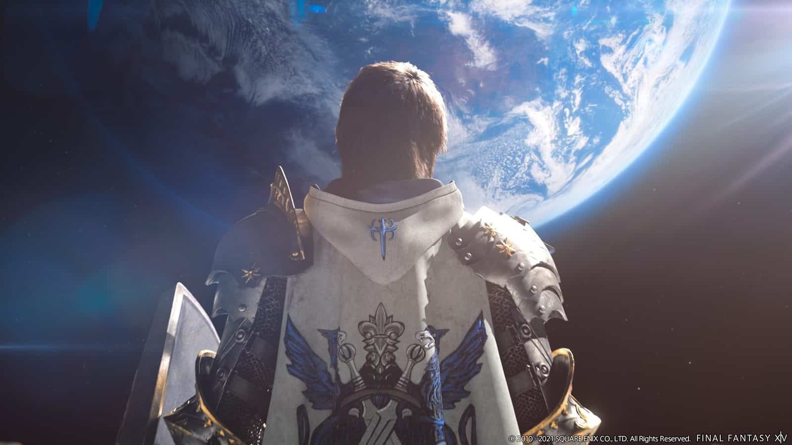 The Warrior of Light stands in his Paladin armor has his back to the camera and is facing toward the world in space in the Endwalker trailer.