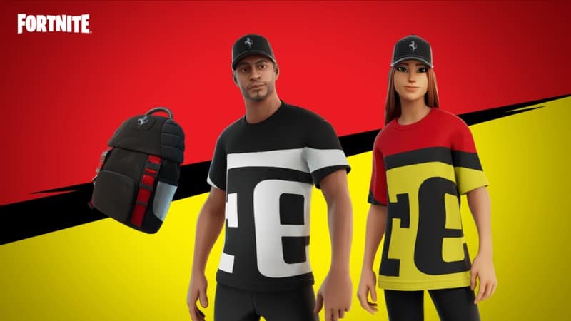 A male and female Fortnite character wear Ferrari cosmetics on a yellow and red background.