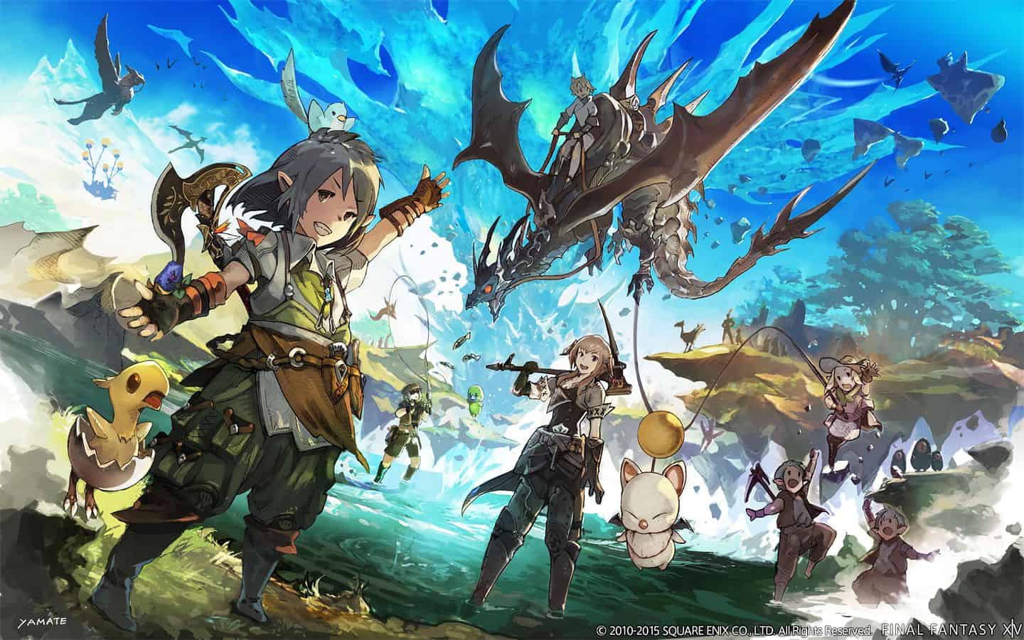 Official art for FFXIV, showing a bunch of characters gathering resources in nature and a dragon swooping from the sky.