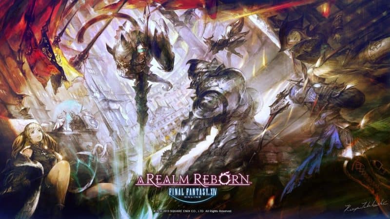 Official art for FFXIV, depicting a battle scene where four adventurers take down a Garlean in menacing armor.