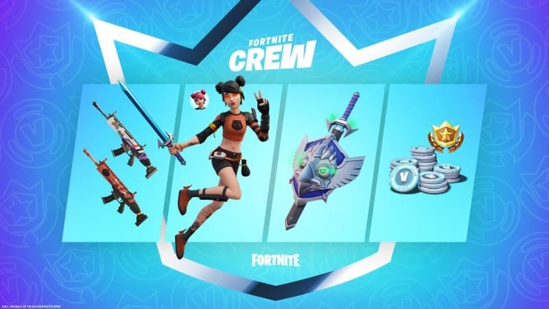 A graphic showing the rewards available with August's Crew Subscription including the Summer Skye Outfit with Stormy Skye Style Cursed Eagleshield Back Bling.