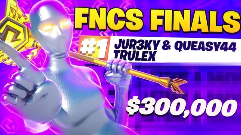 A white robot figure holds out a finger while holding an Axe of champions. Its next to the words "FNCS Finals" and the names Jur3ky, Queasy44 and Trulex on a pink and purple background.