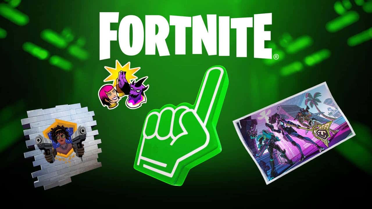 The word "Fortnite" appears over the FNCS Chapter 2 Season 7 Twitch drops on a green background.