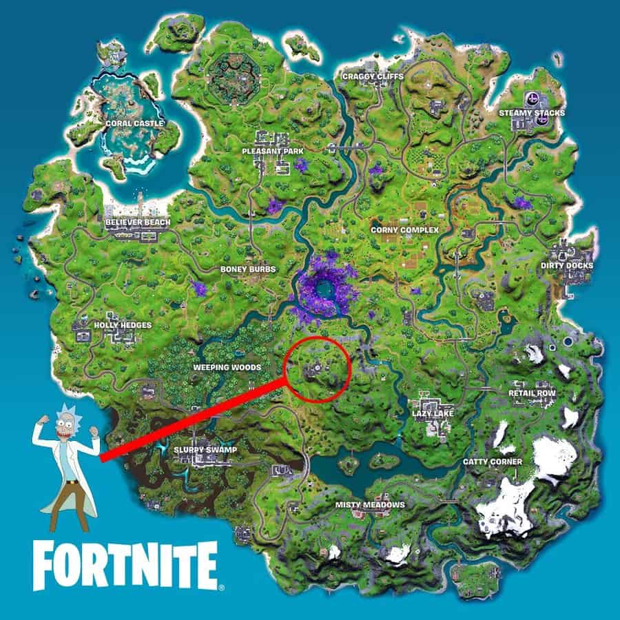 The Fortnite Chapter 2 Season 7 map with a red circle drawn around the point of interest where the Inflate-A-Bull can be purchased