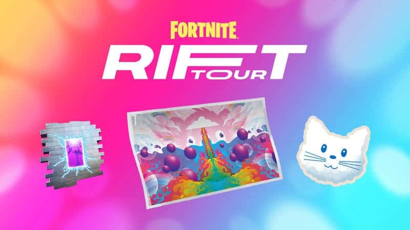 The rewards available as part of the Rift Tour event are displayed on a rainbow background with shades of pink, blue and purple. Rewards include an emoticon of a cloud shaped like a kitten's head, and a colourful loading screen featuring rainbow lava