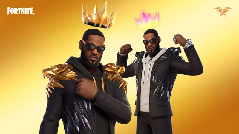 Two version of the King James ICON series Fortnite skin appear with crowns above their heads on a gold background.