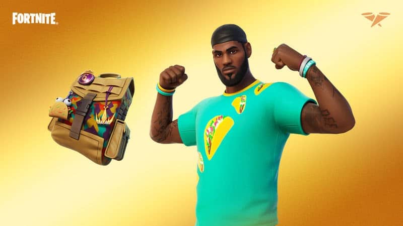 The Taco Tuesday LeBron James skin appears flexing with a backpack next to him on a gold background.
