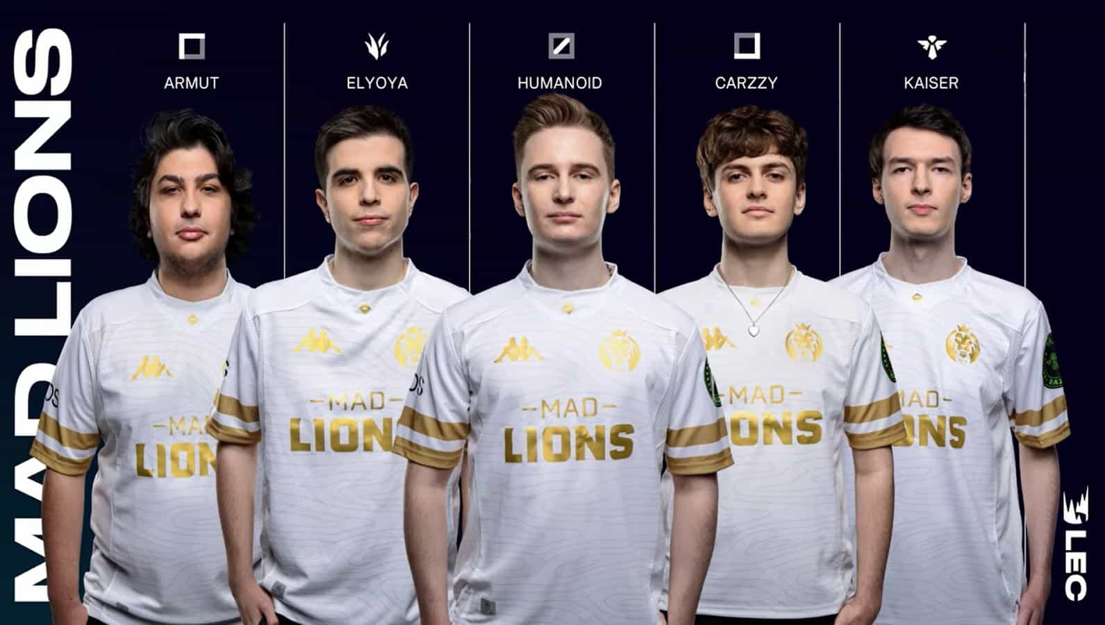 The MAD Lions' 2021 LEC roster of Armut, Elyoya, Humanoid, Carzzy and Kaiser is lined up with their name and role icons pictured above their heads.