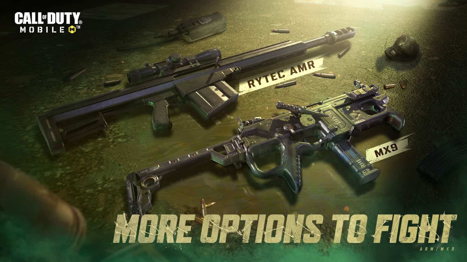The Rytec AMR and MX9 guns in Call of Duty Mobile appear with the caption "More Options to Fight" below.