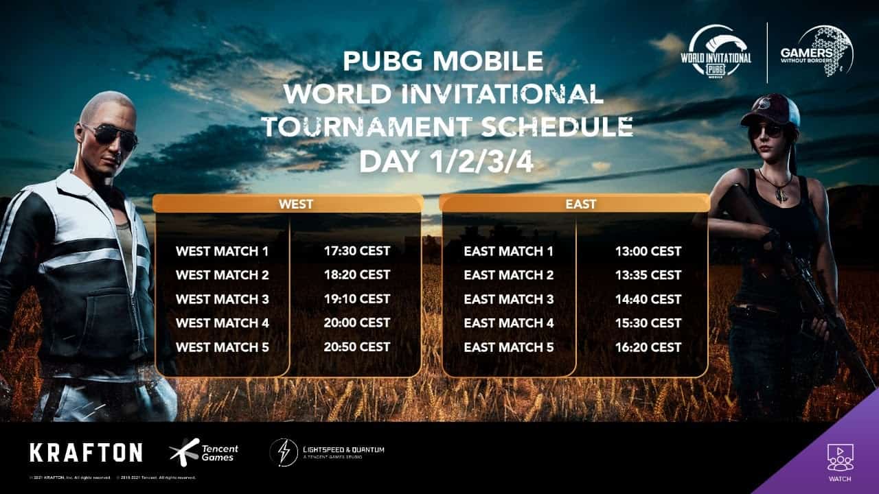 Two PUBG Mobile characters stand in a wheat field with the PUBG Mobile World Invitational schedule for East and West in between them.
