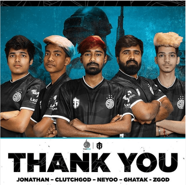 The former PUBG roster for TSM India stand together in their team jerseys. The word "Thank You" appears below them in bold black letters along with the TSMTFX logo