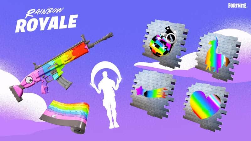 A host of rainbow colored cosmetics from the Fortnite Rainbow Royale event appear on a purple and blue sky background.