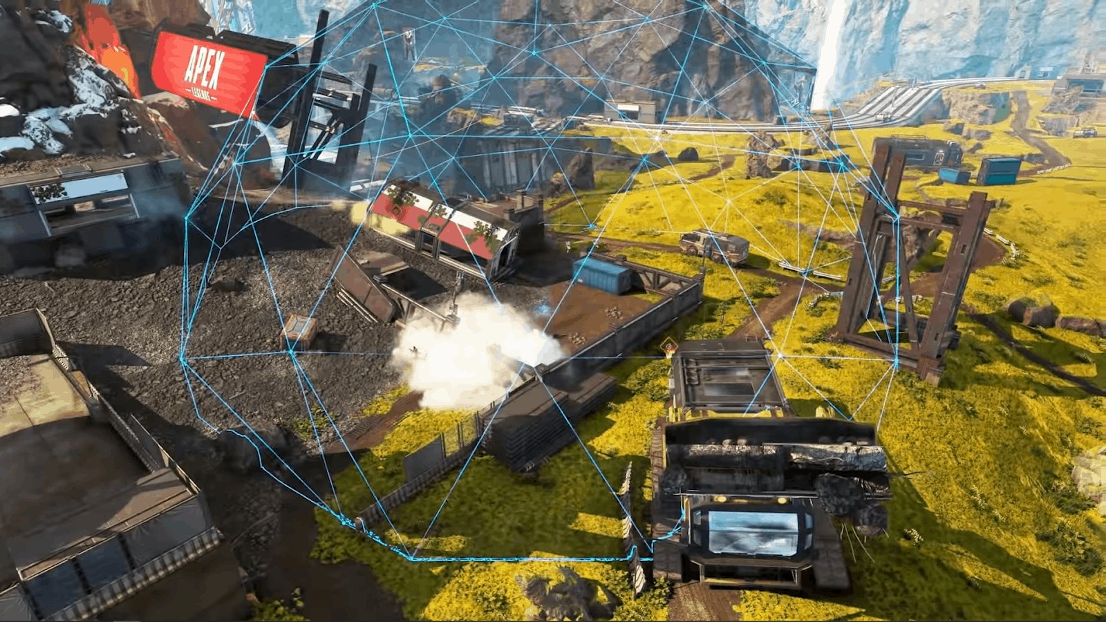 An area of the Apex Legends map where a blue laser dome, Seer's Exhibit ultimate, is projected in it.