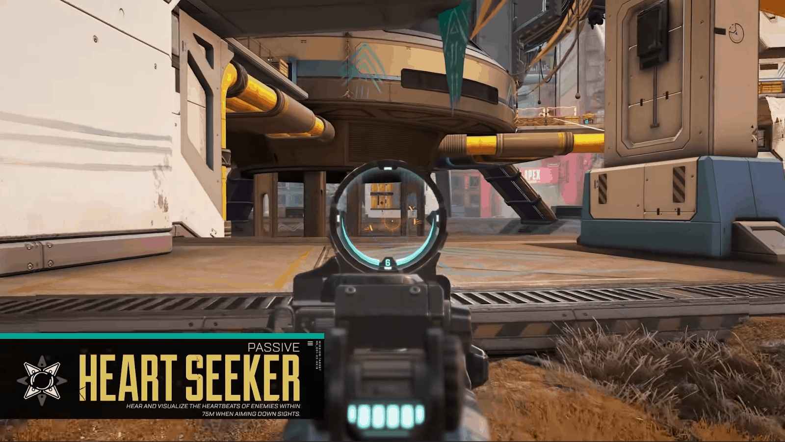 An in-game screenshot of someone playing Seer in Apex Legends, as they aim down the sight on their gun with a banner at the bottom explaining Seer's Heart Seeker passive.