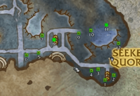 A map with twelve numbered green squares around Seeker's Quorom in World of Warcraft Shadowlands.