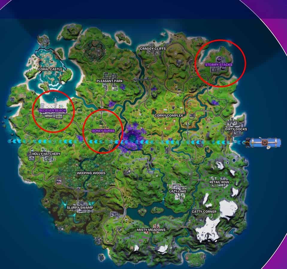 The Fortnite Chapter 2 Season 7 map with circles drawn around points of interest where Trespasser can be found.