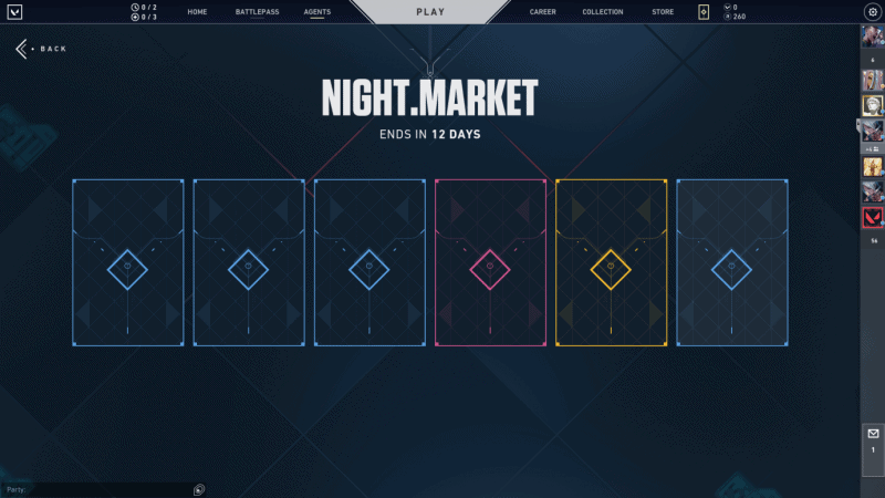 The Night Market menu display showing the clickable cards which will reveal the mystery items
