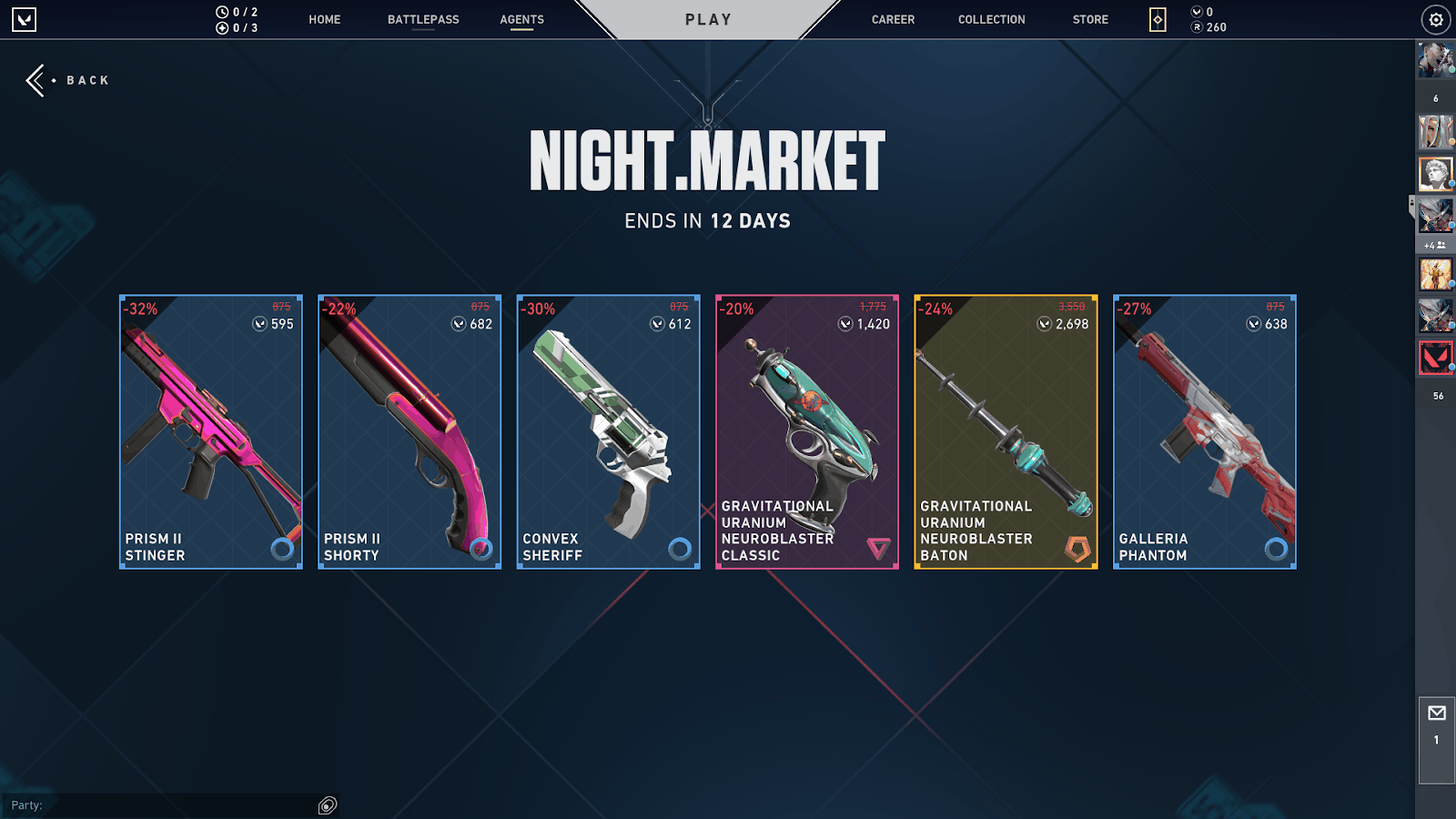 An example of some of the weapon skins available in the Night Market including the pink Prism Stinger and the chrome and camo Convex