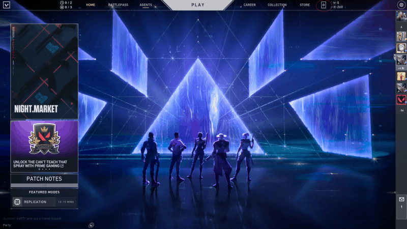 The Valorant login screen showing the menu that allows access to the Night Market