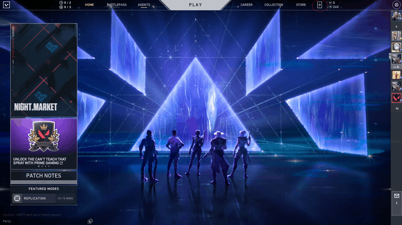 The Valorant login screen showing the menu that allows access to the Night Market