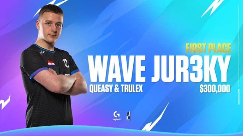 Pro Fortnite player Jur3ky has his arms crossed next to the names Wave Jur3ky, Queasy and Trulex on a blue and purple background.