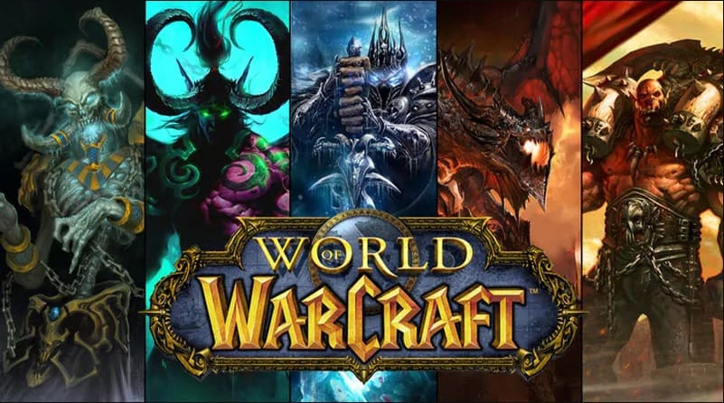 A collage of five menacing boss characters from World of Warcraft appear with the WoW logo in front of them all.