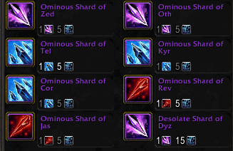 The in-game icons for various shards, appearing as blue, red or purple crystals