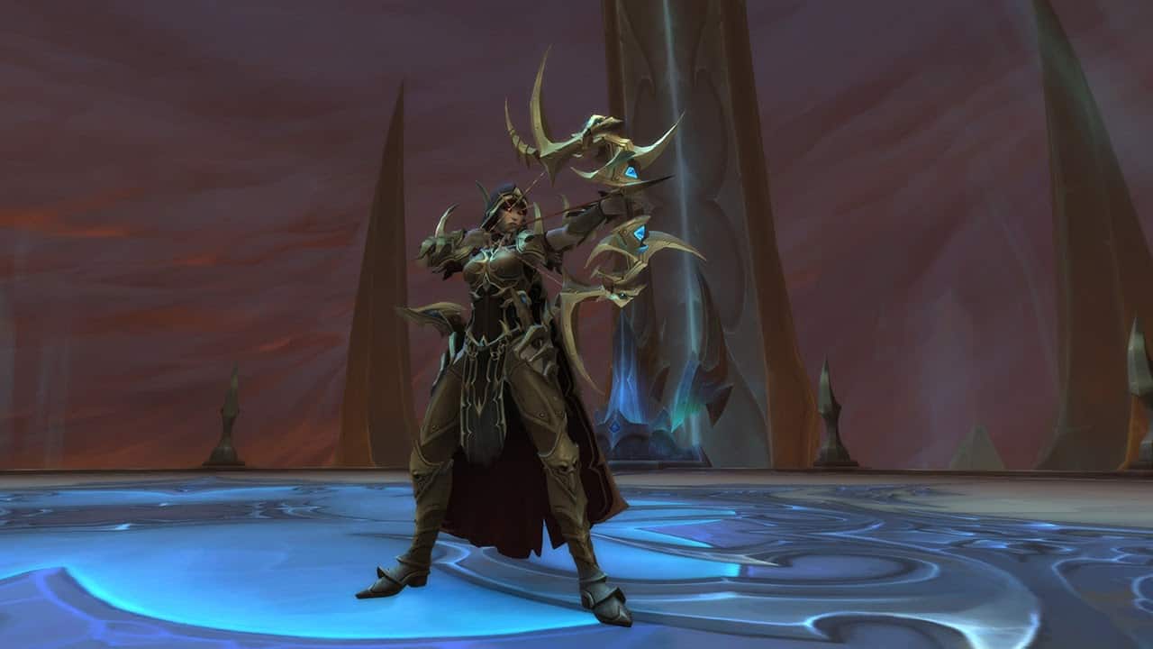 The Warchief Sylvanus in her black and gold armor as she appears in the Shards of Domination raid