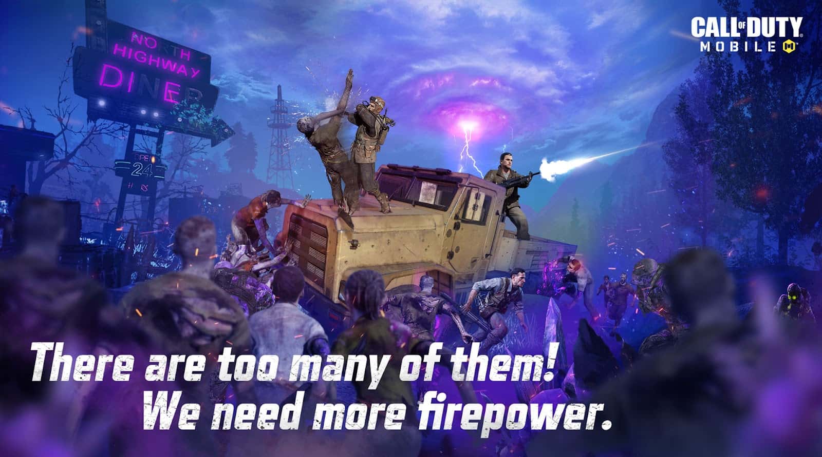 A horde of zombies rampages towards a truck filled with survivors in COD Mobile with the caption "There are too many of them! We need more firepower."
