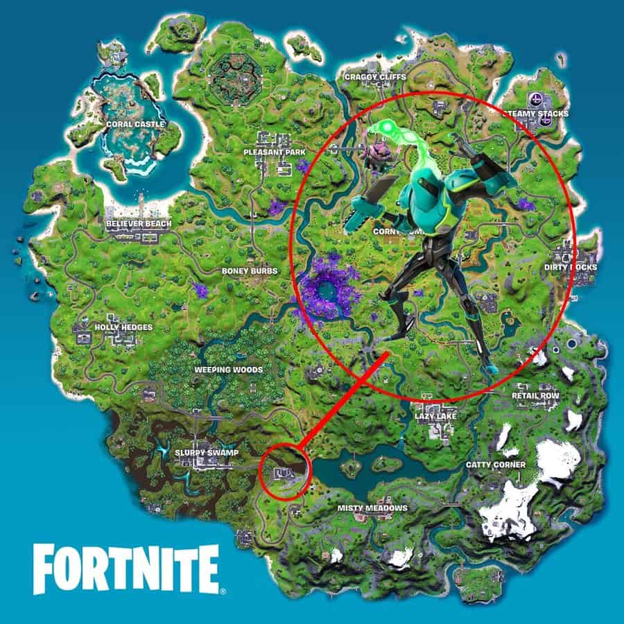 The Fortnite Chapter 2 Season 7 map is shown with character Zyg imposed over it and a red circle around him, with a red line leading to a smaller circle to indicate the location of the Zyg and Choppy Mythic ray gun.
