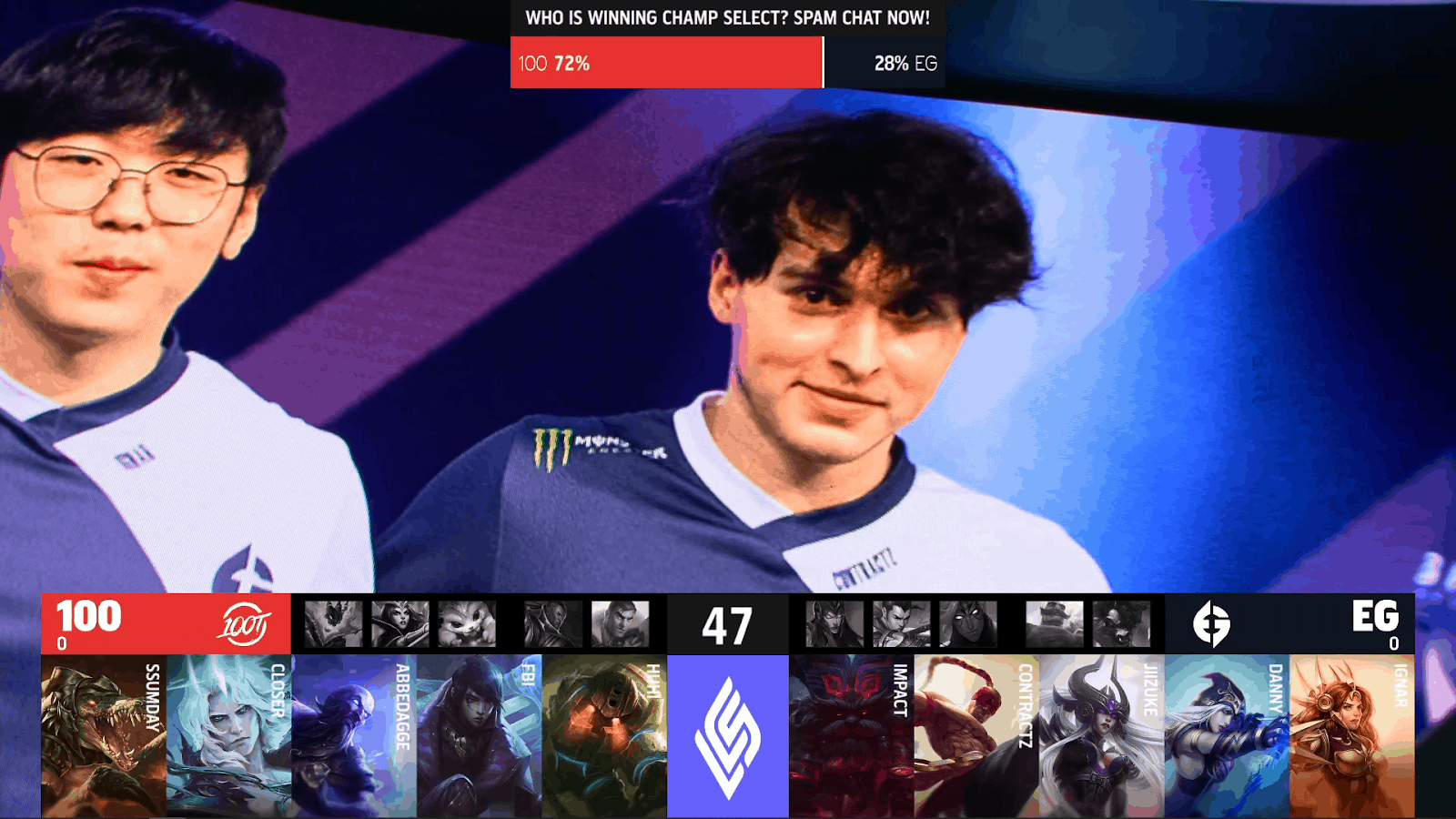 A screenshot from the LCS broadcast for the Summer Championship match between 100 Thieves and Evil Geniuses. The Game One drafts appear on screen with a shot Contractz and IgNar on a screen on the LCS stage above.