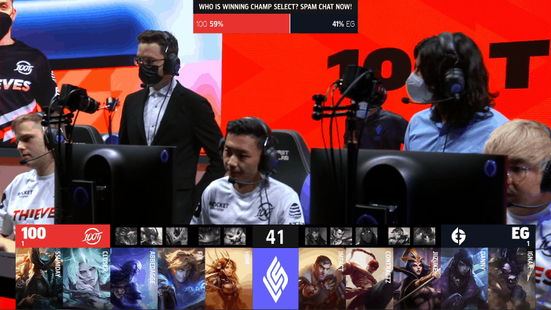 A screenshot from the LCS broadcast for the Summer Championship match between 100 Thieves and Evil Geniuses. The Game Three drafts appear on screen with a shot of the 100T team and coaching staff on the LCS stage above.
