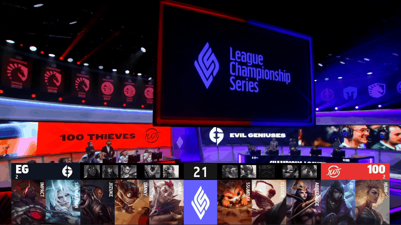 A screenshot from the LCS broadcast for the Summer Championship match between 100 Thieves and Evil Geniuses. The Game Five drafts appear on screen with a shot of the LCS studio above.