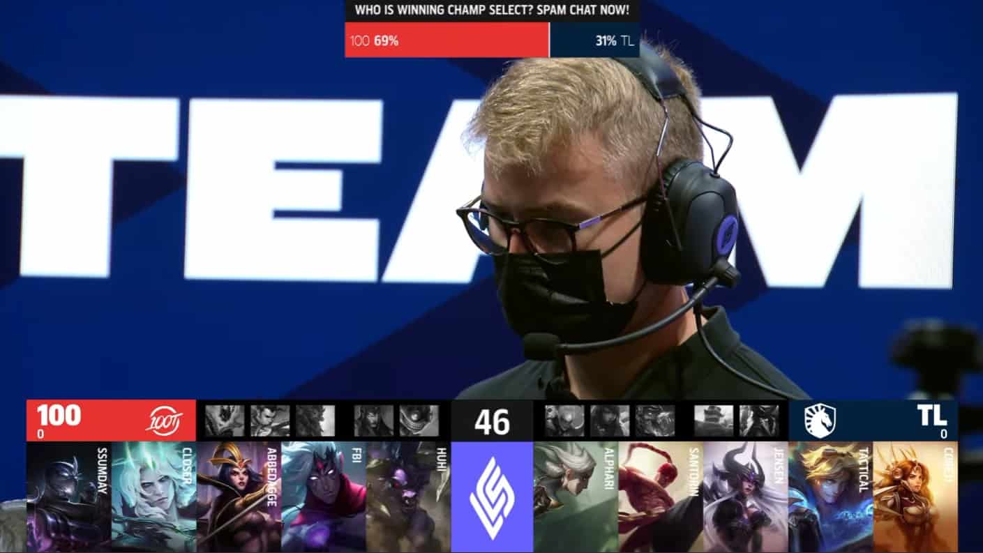 A screenshot from the LCS broadcast for the Summer Championship Finals match between Team Liquid and 100 Thieves. The Game One drafts appear on screen with a shot of TL coach Kold above.