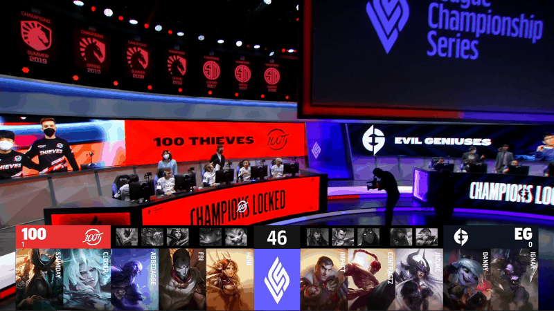 A screenshot from the LCS broadcast for the Summer Championship match between 100 Thieves and Evil Geniuses. The Game Two drafts appear on screen with a shot of the LCS stage above.