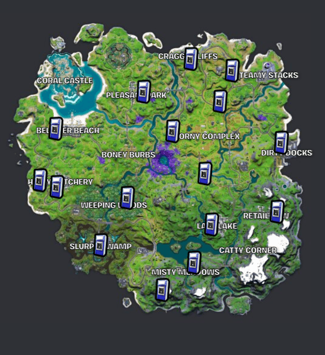 A picture of the Fortnite Season 7 map highlighting the locations of ATMs.