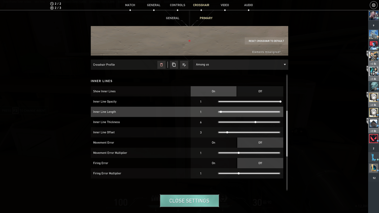 A screenshot of the crosshair settings screen for Valorant, showing a setup to make an Among Us crosshair.