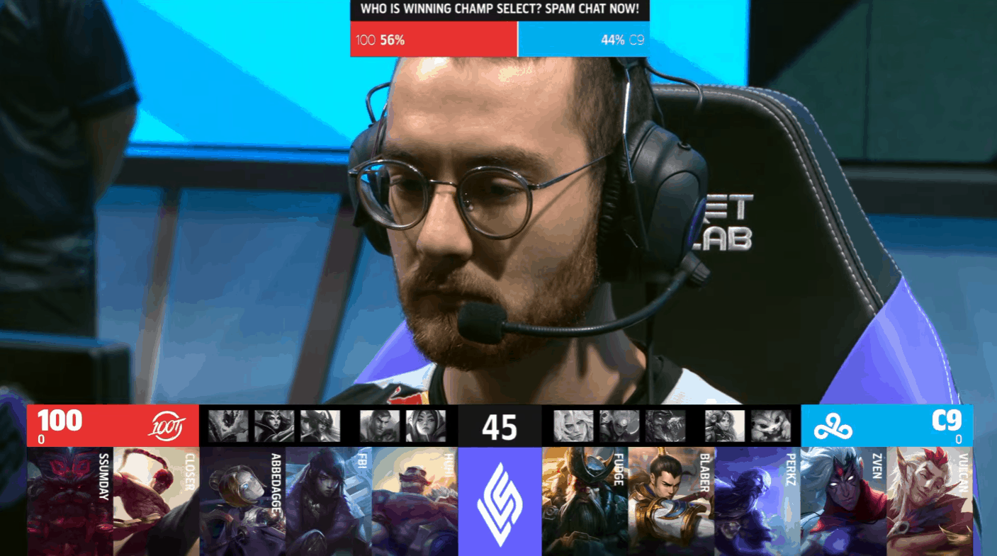 A screenshot from the LCS broadcast for the Summer Championship match between Cloud9 and 100 Thieves. The Game One drafts appear on screen with a shot of C9 Vulcan above.