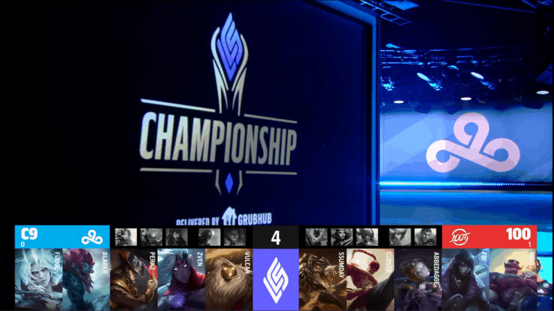 A screenshot from the LCS broadcast for the Summer Championship match between Cloud9 and 100 Thieves. The Game Two drafts appear on screen with a shot of the LCS Championship logo, a Cloud9 logo and the LCS stage above.