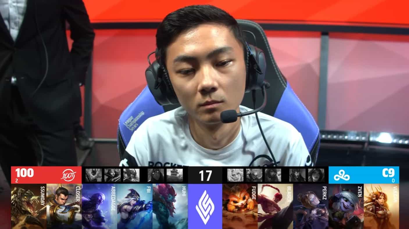 A screenshot from the LCS broadcast for the Summer Championship match between Cloud9 and 100 Thieves. The Game Three drafts appear on screen with a shot of 100T FBI above.