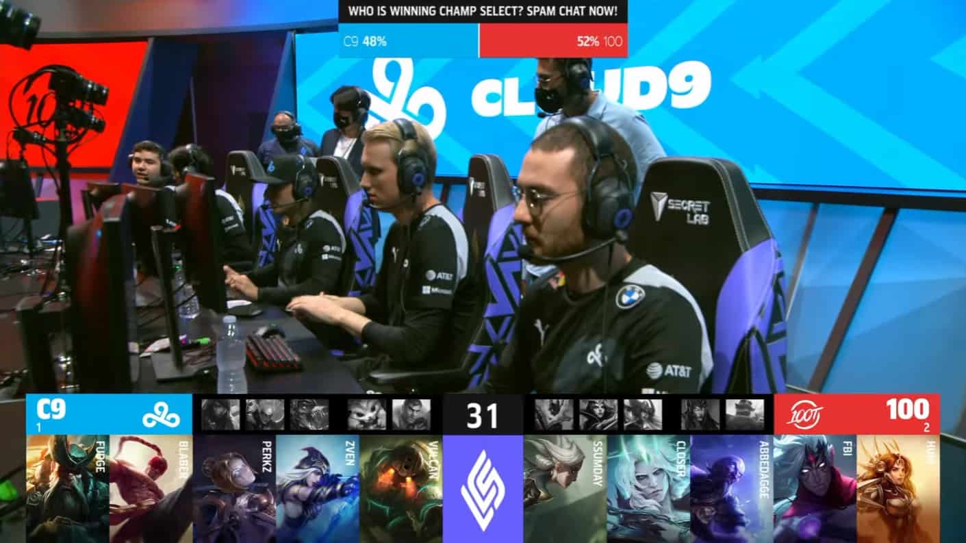 A screenshot from the LCS broadcast for the Summer Championship match between Cloud9 and 100 Thieves. The Game Four drafts appear on screen with a shot of the C9 LoL team on the LCS stage above.