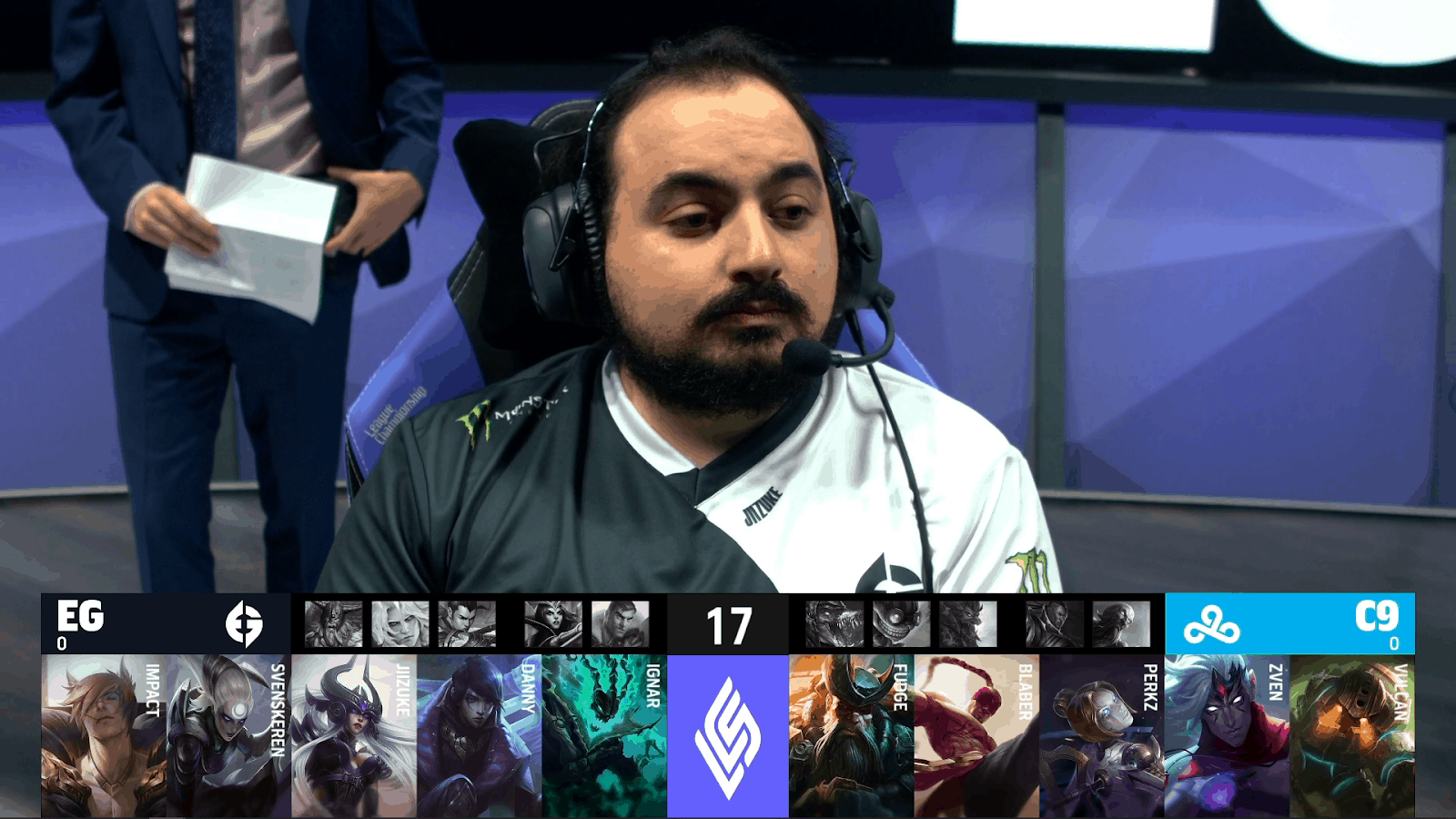 A screenshot from the LCS broadcast for the Summer Championship match between Cloud9 and Evil Geniuses. The Game One drafts appear on screen with a shot of EG Jiizuke above.