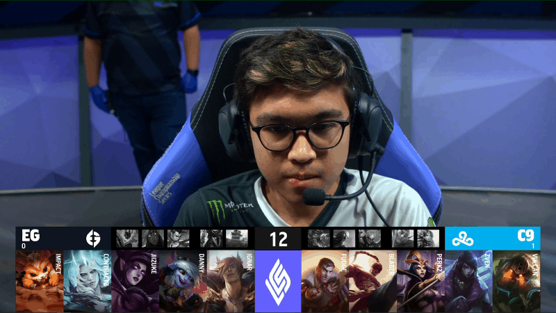 A screenshot from the LCS broadcast for the Summer Championship match between Cloud9 and Evil Geniuses. The Game Two drafts appear on screen with a shot of EG Danny above.