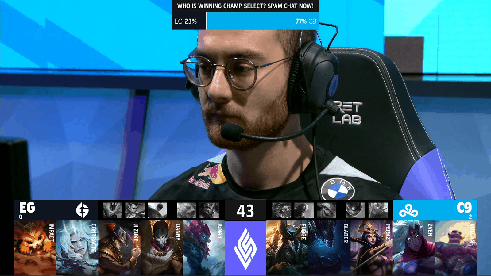 A screenshot from the LCS broadcast for the Summer Championship match between Cloud9 and Evil Geniuses. The Game Three drafts appear on screen with a shot of C9 Vulcan above.