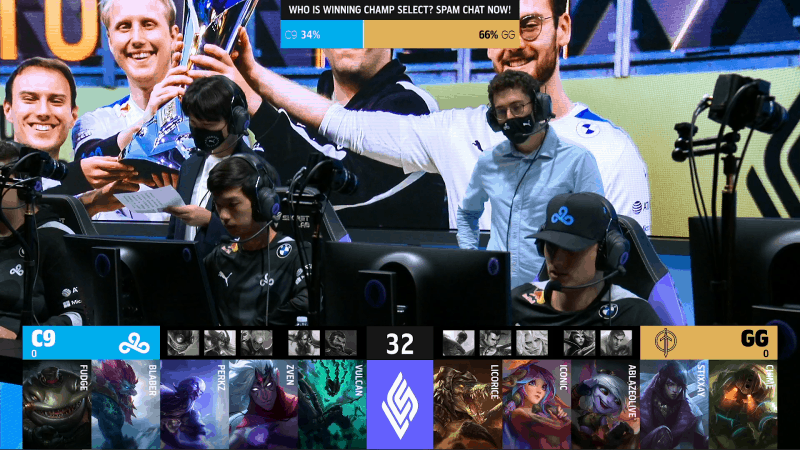 A screenshot from the LCS broadcast for the Summer Championship match between Golden Guardians and Cloud9. The Game One drafts appear on screen with the C9 LoL team on stage above.