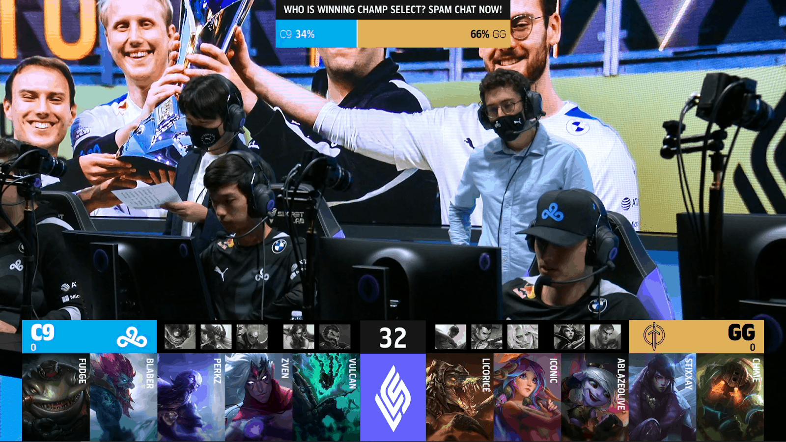 A screenshot from the LCS broadcast for the Summer Championship match between Golden Guardians and Cloud9. The Game One drafts appear on screen with the C9 LoL team on stage above.