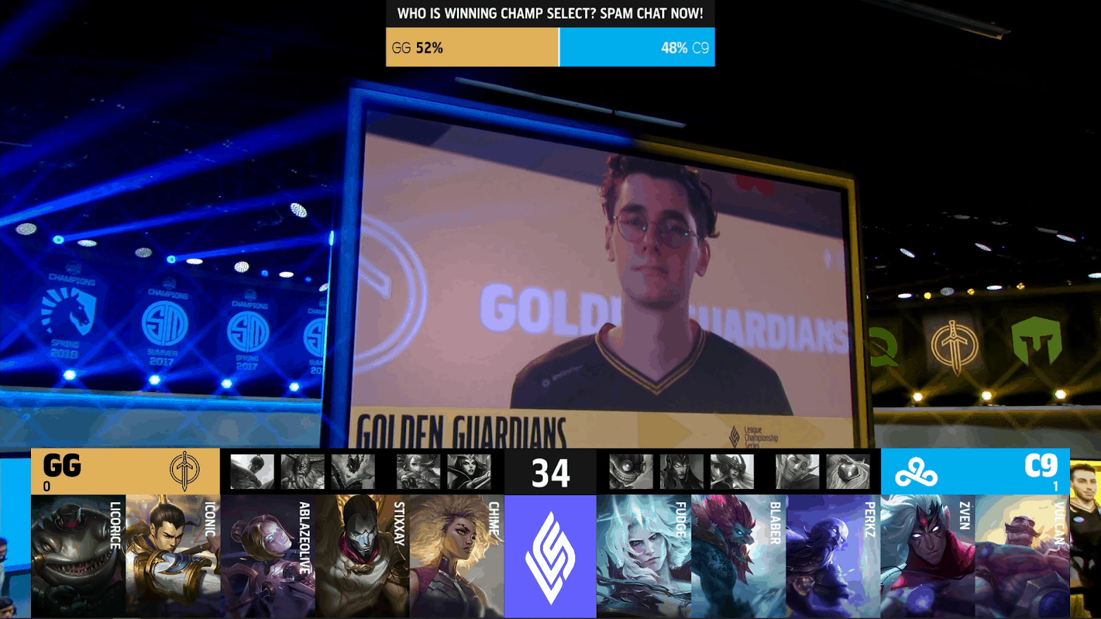 A screenshot from the LCS broadcast for the Summer Championship match between Golden Guardians and Cloud9. The Game Two drafts appear on screen with a shot of the LCS stage above.