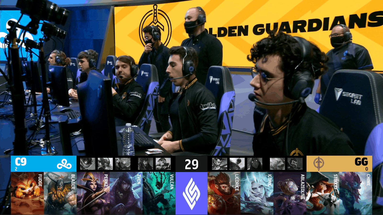 A screenshot from the LCS broadcast for the Summer Championship match between Golden Guardians and Cloud9. The Game Three drafts appear on screen with a shot of the Golden Guardians LoL team on stage above.