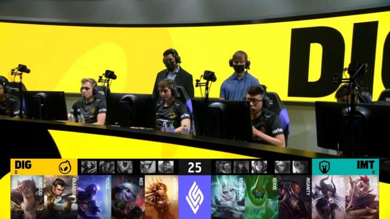 A screenshot from the LCS broadcast for the Summer Playoffs match between Immortals and Dignitas. The Game One drafts appear on screen with the Dignitas team on stage above.